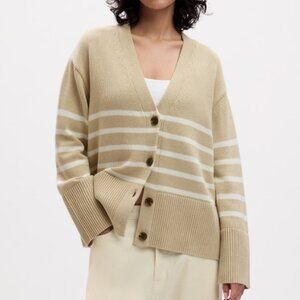 Gap Oversize Button Up Striped Cardigan Tan White Split-Hem - Size M